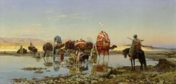 Eugenio Girardet Painting - Caravana árabe cruzando un Ford Orientalista Eugene Girardet